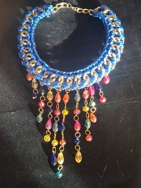 Handmade Blue Statement Necklace with Multicolor Crystal Drops